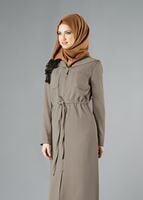 Tesettür giyim KAHVE KAPÜŞONLU BELDEN BAĞLAMALI TRENÇKOT 1373 