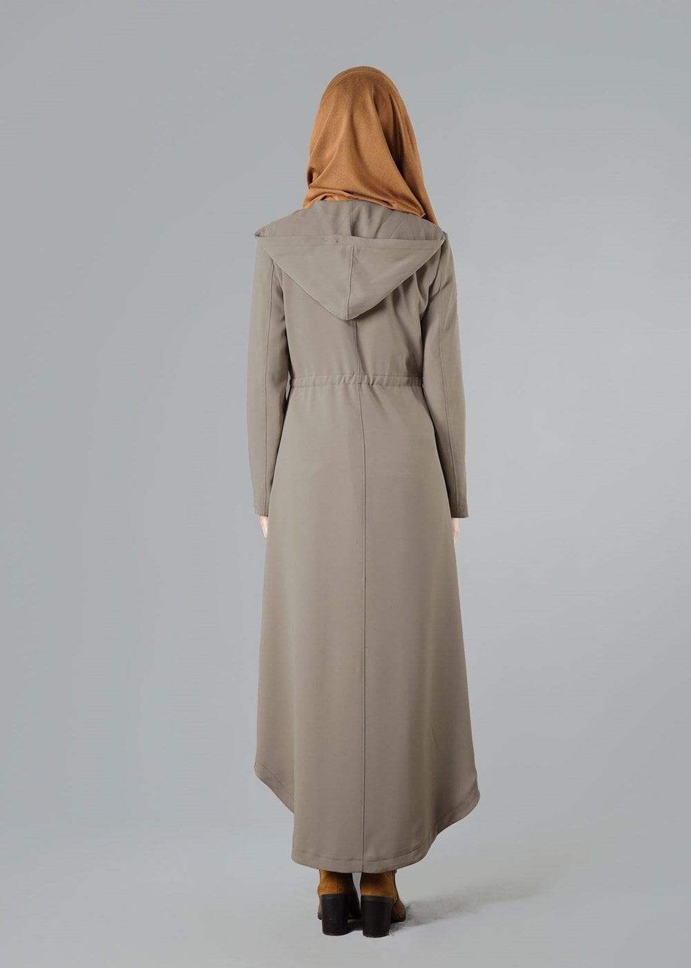Tesettür giyim KAHVE KAPÜŞONLU BELDEN BAĞLAMALI TRENÇKOT 1373 