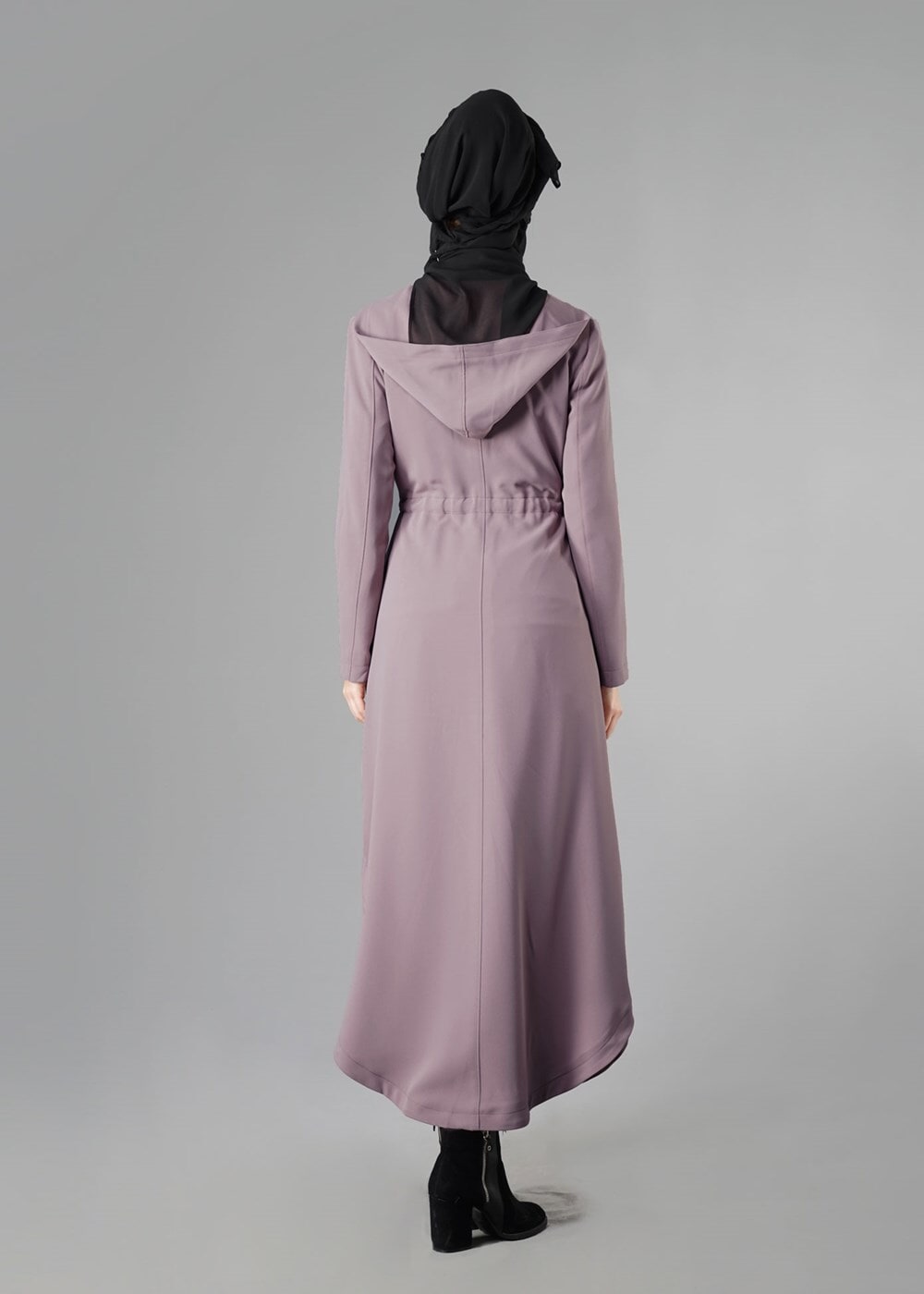 Tesettür giyim PUDRA KAPÜŞONLU BELDEN BAĞLAMALI TRENÇKOT 1373 
