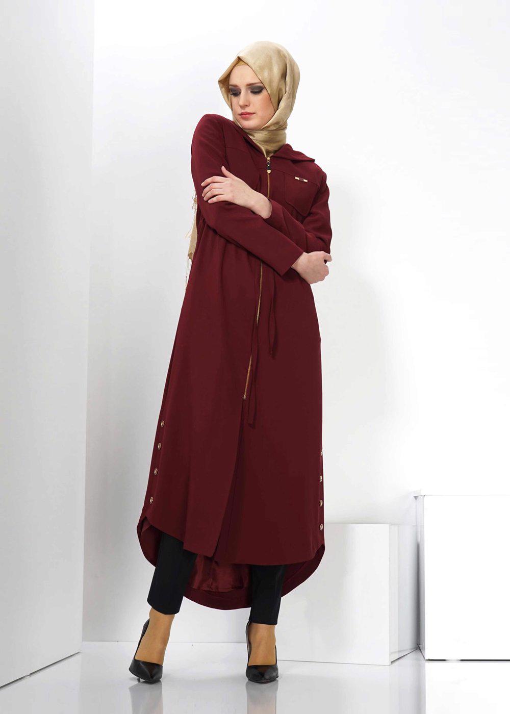 Tesettür giyim BORDO KAPÜŞONLU BELDEN BAĞLAMALI TRENÇKOT 1373 