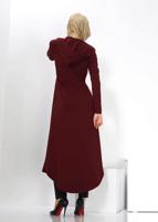 Tesettür giyim BORDO KAPÜŞONLU BELDEN BAĞLAMALI TRENÇKOT 1373 