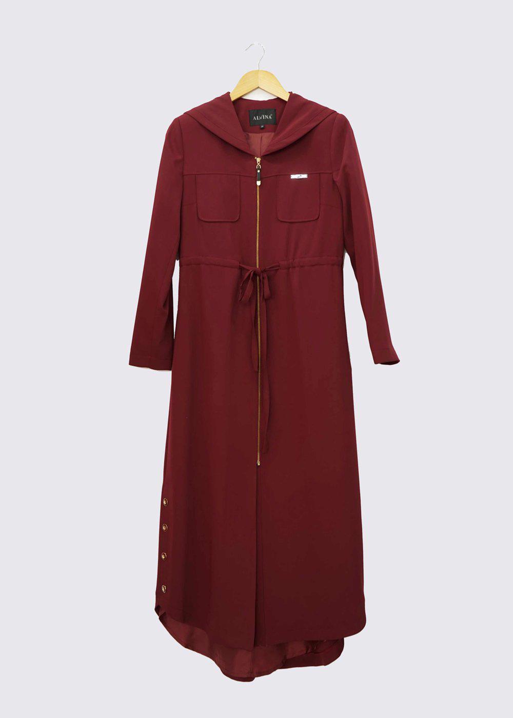 Tesettür giyim BORDO KAPÜŞONLU BELDEN BAĞLAMALI TRENÇKOT 1373 