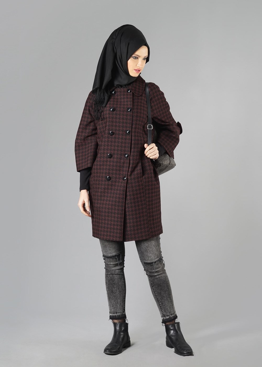 Tesettür giyim BORDO TRUVAKAR KOL DÜĞMELİ BOL KESİM TRENÇKOT 1383