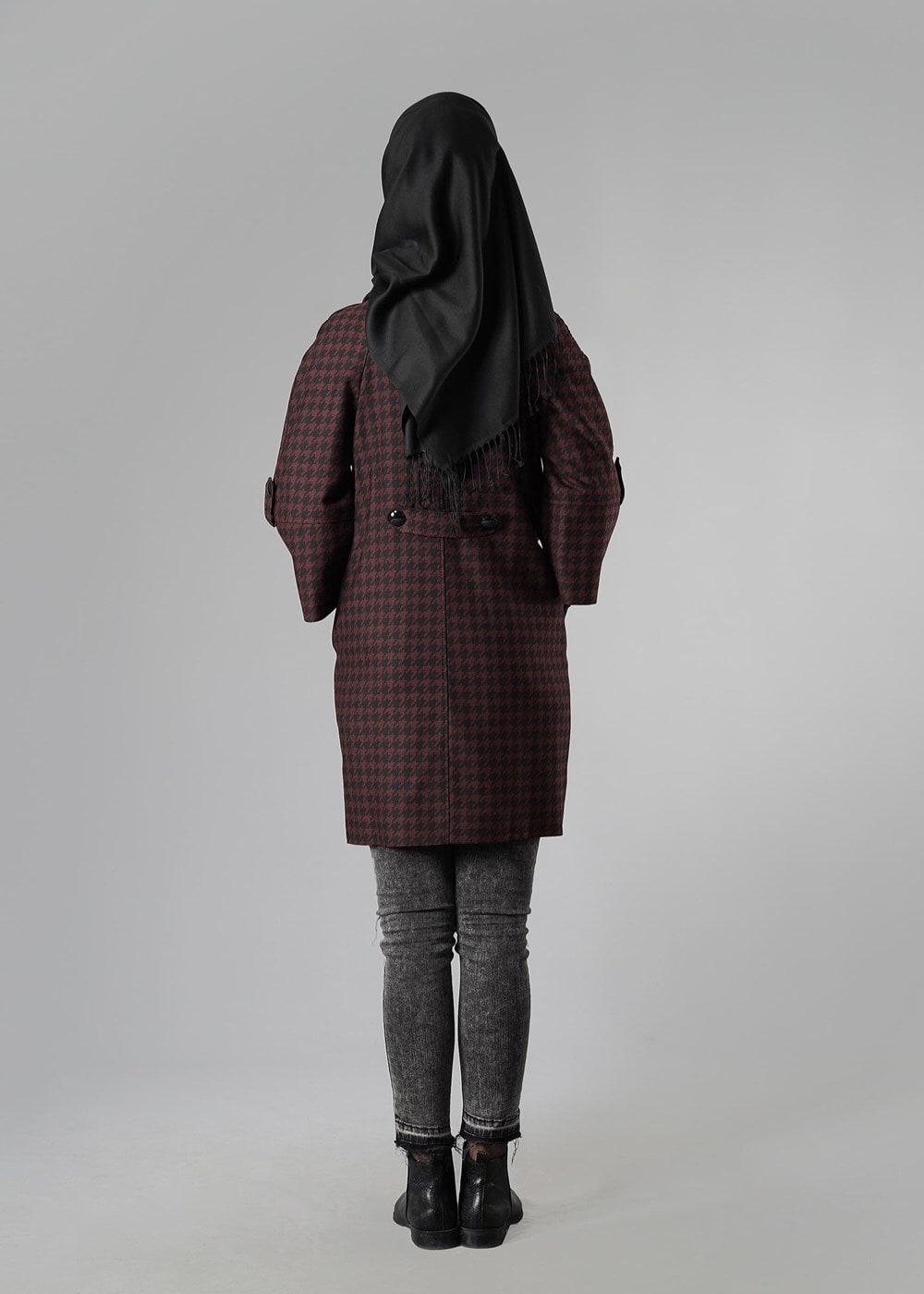 Tesettür giyim BORDO TRUVAKAR KOL DÜĞMELİ BOL KESİM TRENÇKOT 1383