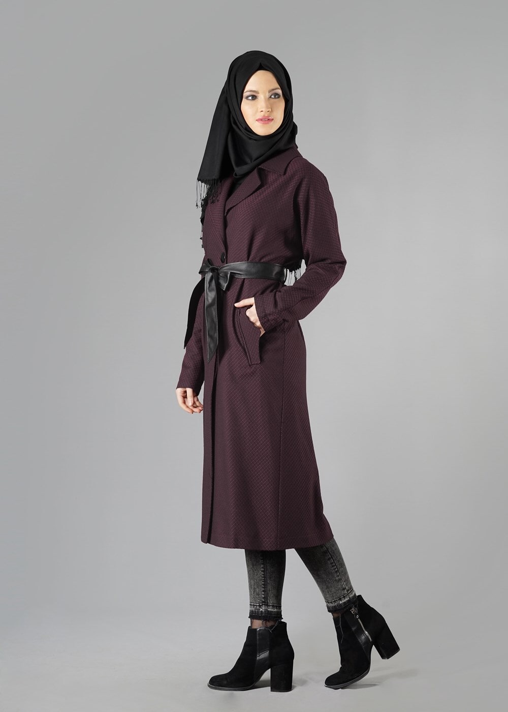 Vêtements hijab ROUGE BORDEAUX TRENCH-COAT À COL À REVERS CRANTÉ AVEC CEINTURE 1402