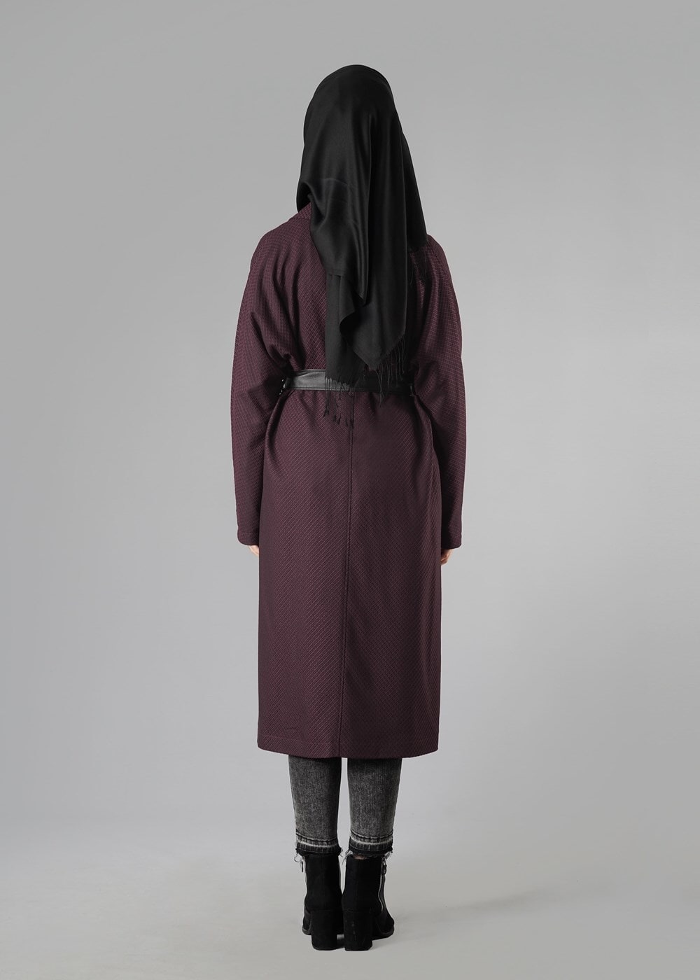 Vêtements hijab ROUGE BORDEAUX TRENCH-COAT À COL À REVERS CRANTÉ AVEC CEINTURE 1402