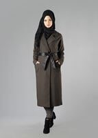 Tesettür giyim VİZON ÇENTİKLİ YAKA KUŞAKLI TRENÇKOT 1402