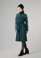 Tesettür giyim YEŞİL KOLLARI DERİ DETAYLI KUŞAKLI TRENÇKOT 1409