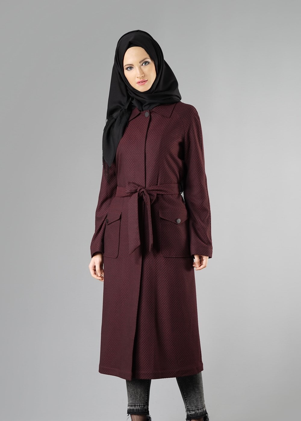 Tesettür giyim BORDO KUŞAKLI CEPLİ TRENÇKOT 1414