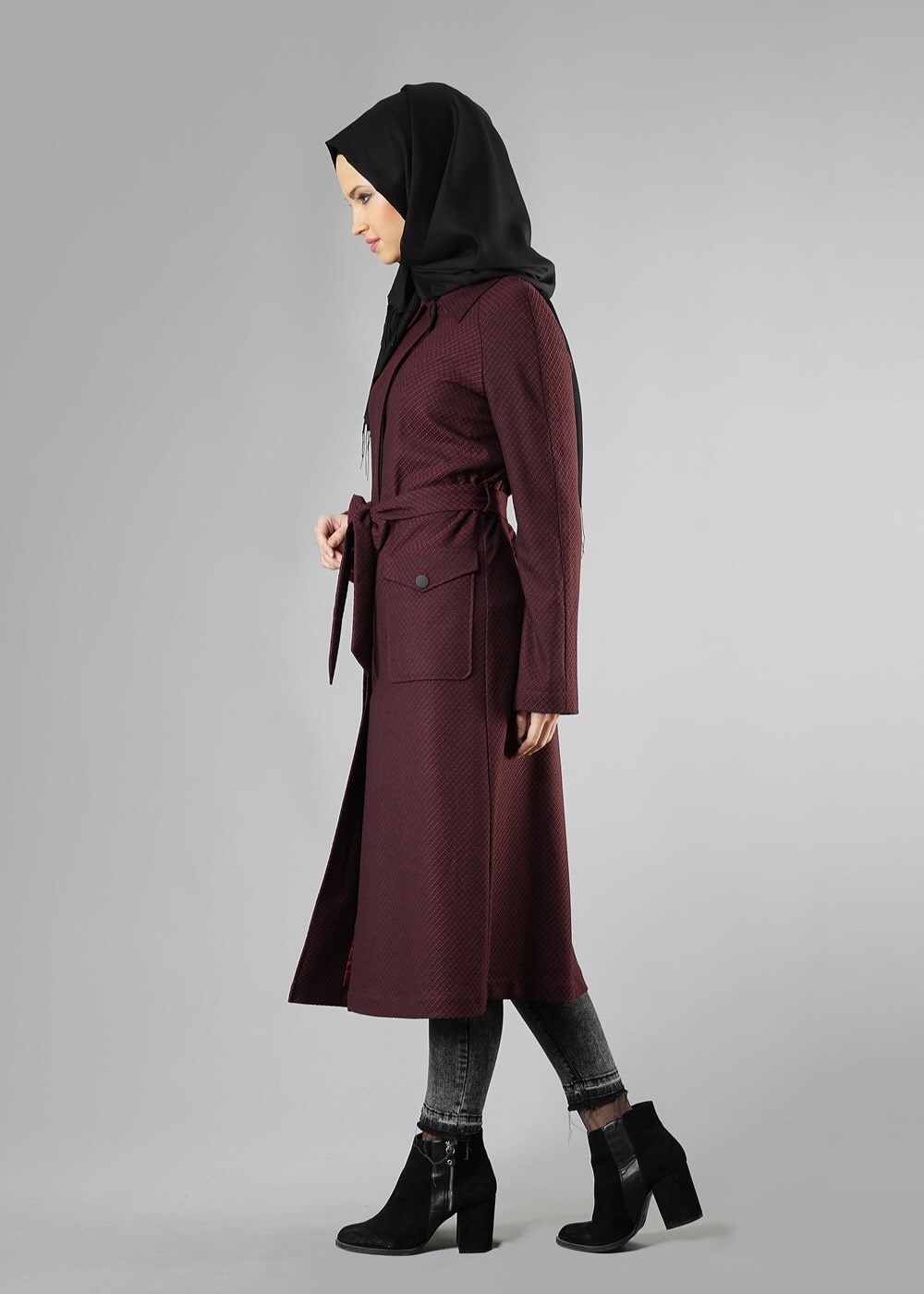 Tesettür giyim BORDO KUŞAKLI CEPLİ TRENÇKOT 1414