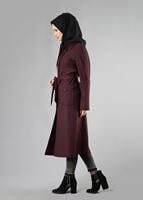 Tesettür giyim BORDO KUŞAKLI CEPLİ TRENÇKOT 1414