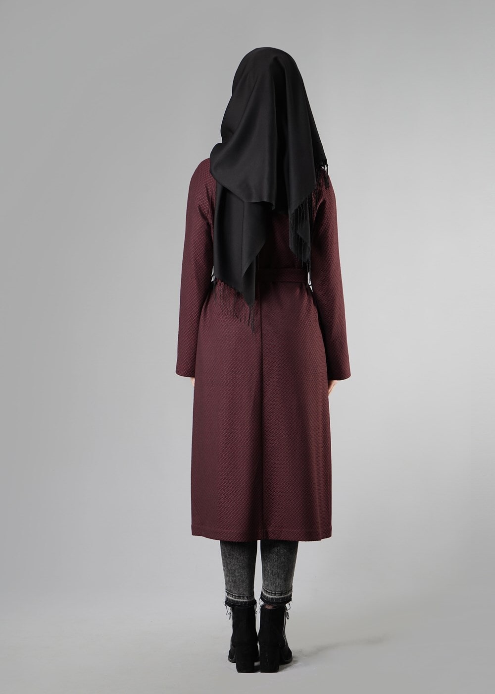 Tesettür giyim BORDO KUŞAKLI CEPLİ TRENÇKOT 1414