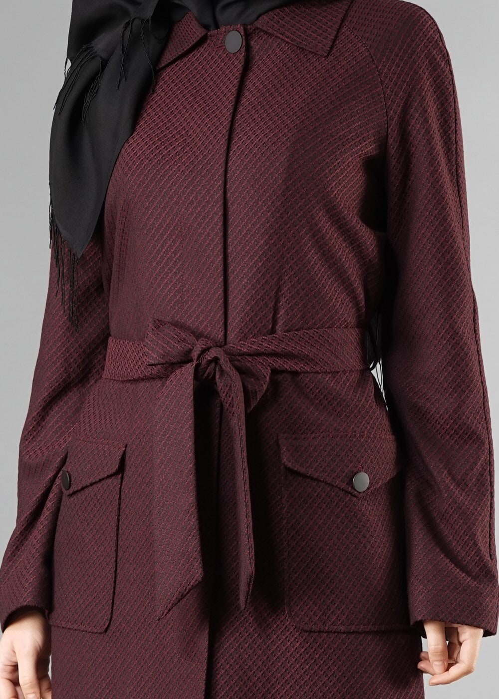 Tesettür giyim BORDO KUŞAKLI CEPLİ TRENÇKOT 1414