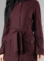 Tesettür giyim BORDO KUŞAKLI CEPLİ TRENÇKOT 1414