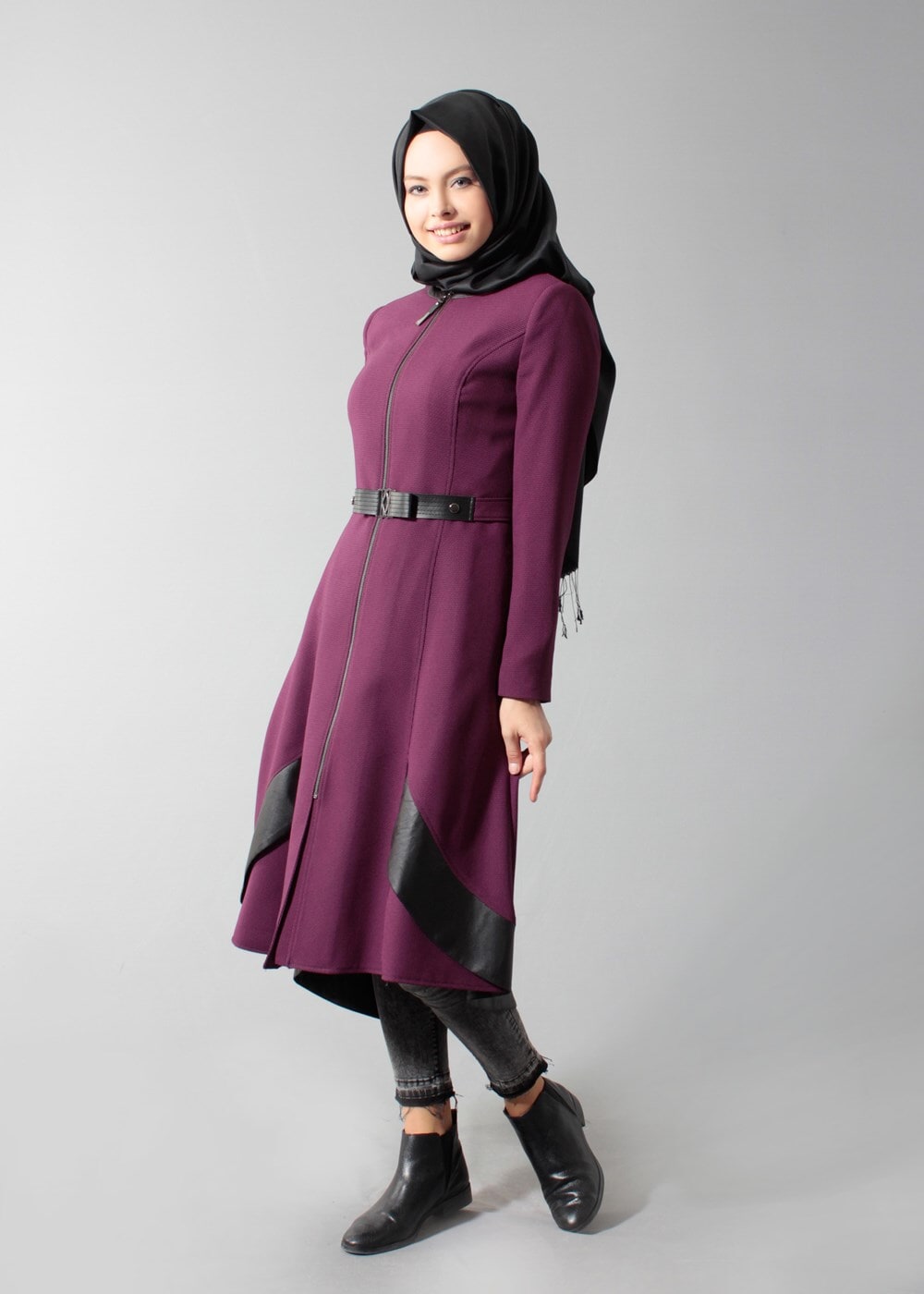 Tesettür giyim FUŞYA KEMERLİ FERMUARLI TRENCH-COAT 1596 