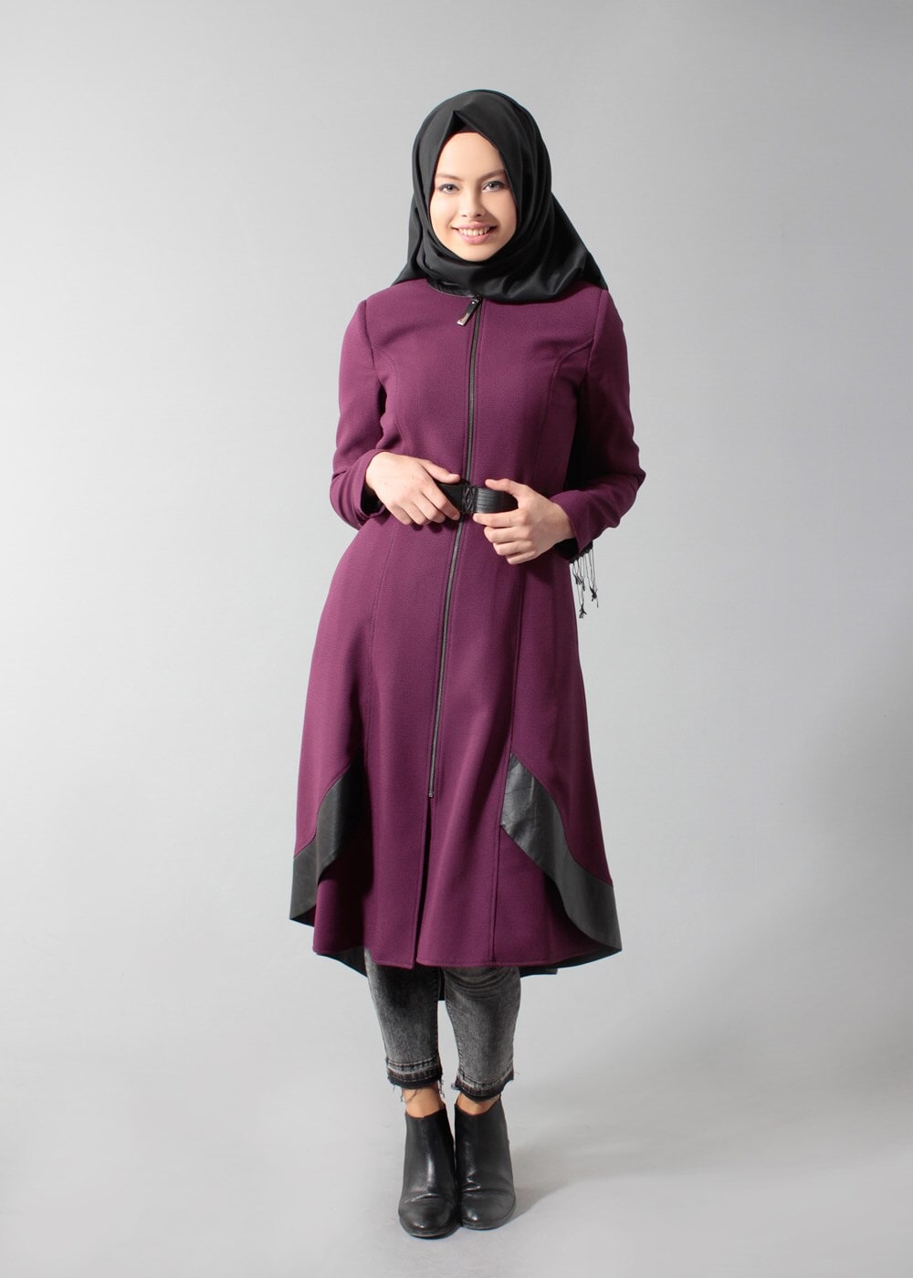 Tesettür giyim FUŞYA KEMERLİ FERMUARLI TRENCH-COAT 1596 