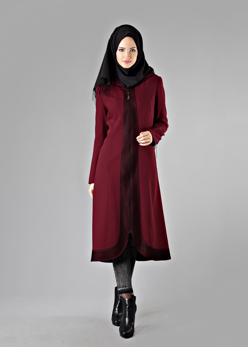 Tesettür giyim BORDO FERMUARLI KAPÜŞONLU TRENÇKOT 1603