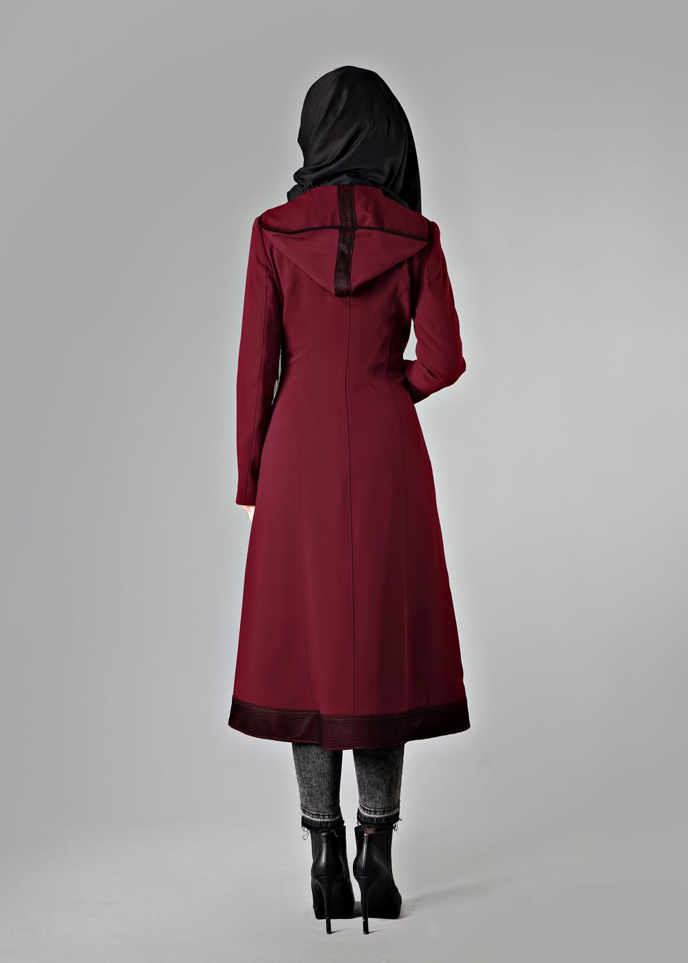 Tesettür giyim BORDO FERMUARLI KAPÜŞONLU TRENÇKOT 1603