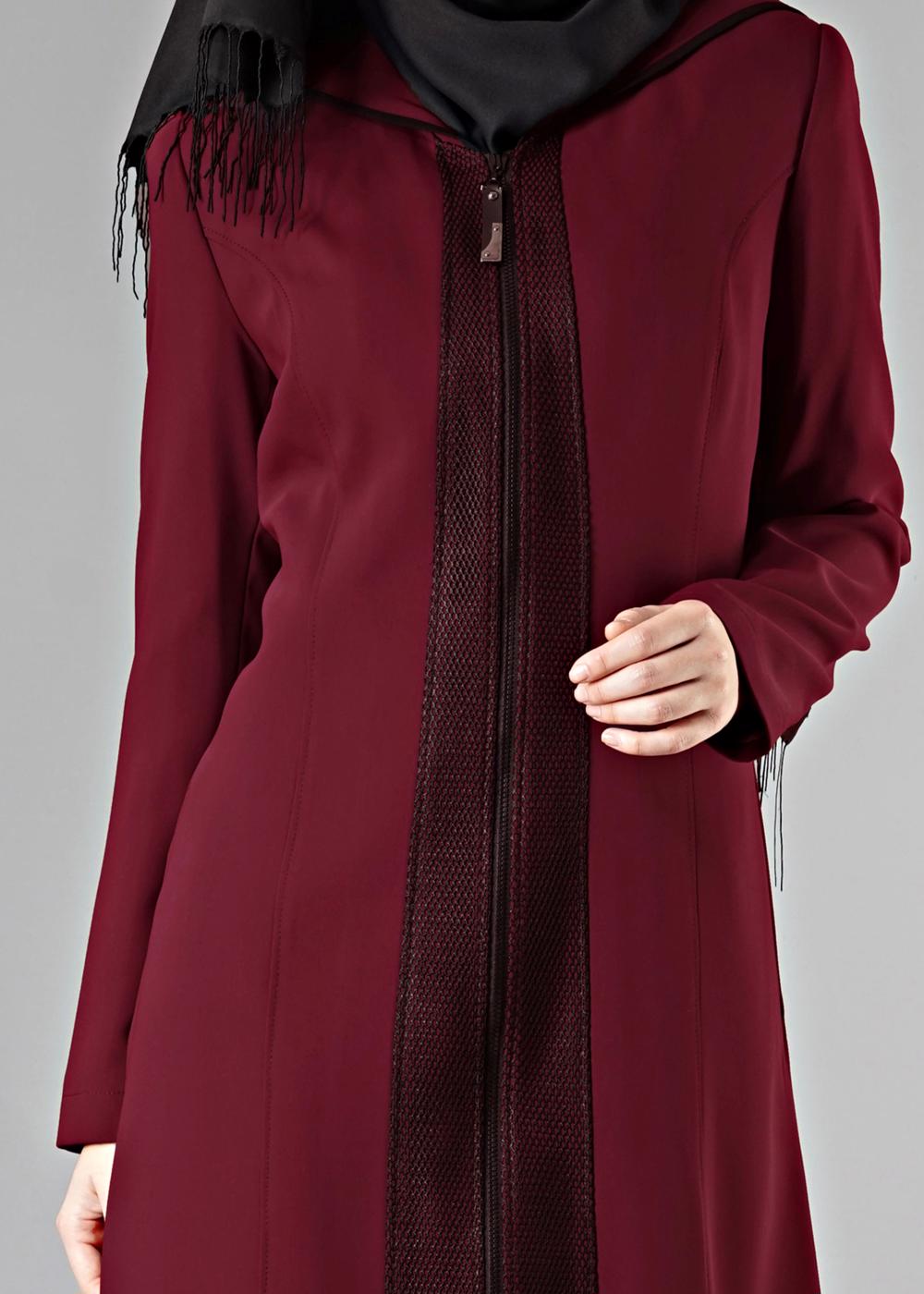 Tesettür giyim BORDO FERMUARLI KAPÜŞONLU TRENÇKOT 1603