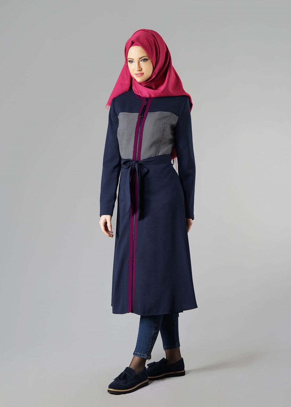 Tesettür giyim LACİVERT KUŞAKLI FERMUARLI TRENÇKOT 1604