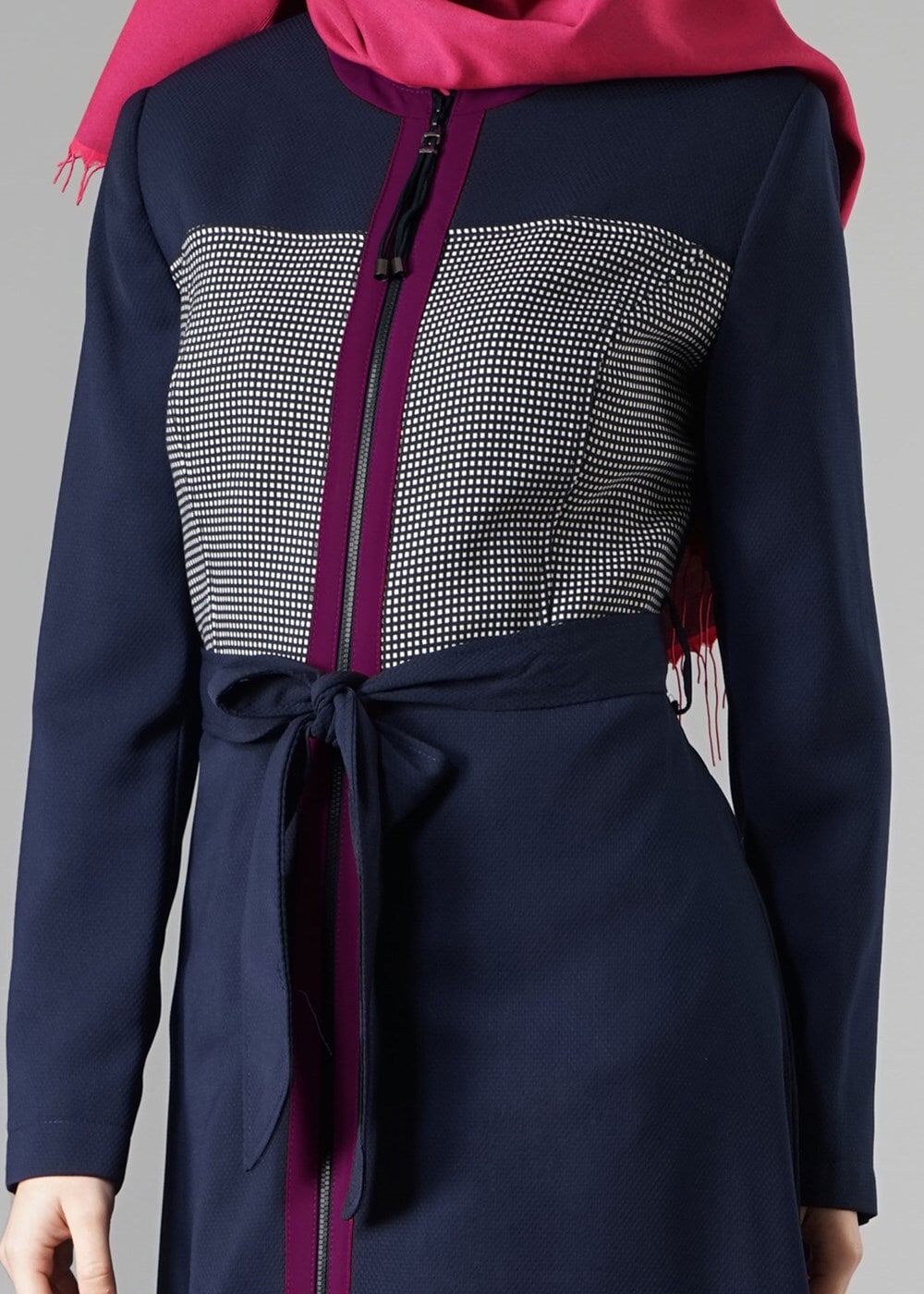 Tesettür giyim LACİVERT KUŞAKLI FERMUARLI TRENÇKOT 1604