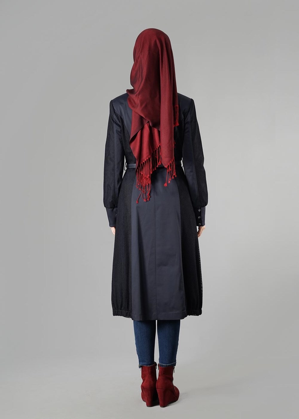 Tesettür giyim LACİVERT BİSİKLET YAKA BAĞCIKLI TRENÇKOT 1606