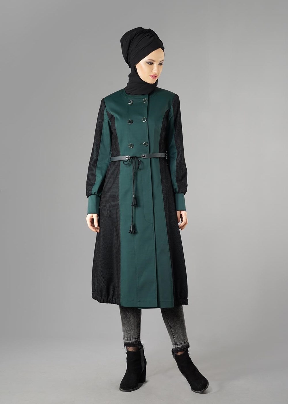 Tesettür giyim YEŞİL BİSİKLET YAKA BAĞCIKLI TRENÇKOT 1606