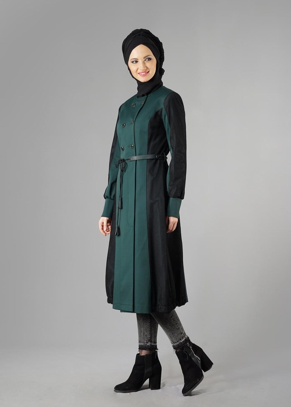 Tesettür giyim YEŞİL BİSİKLET YAKA BAĞCIKLI TRENÇKOT 1606