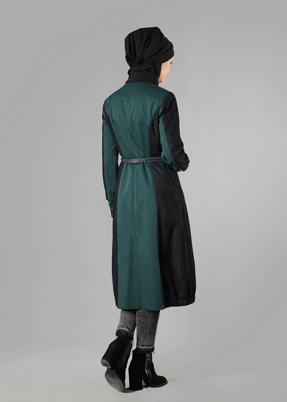 Tesettür giyim YEŞİL BİSİKLET YAKA BAĞCIKLI TRENÇKOT 1606