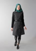 Tesettür giyim GRİ ZİKZAK DESENLİ KEMERLİ TRENÇKOT  1614
