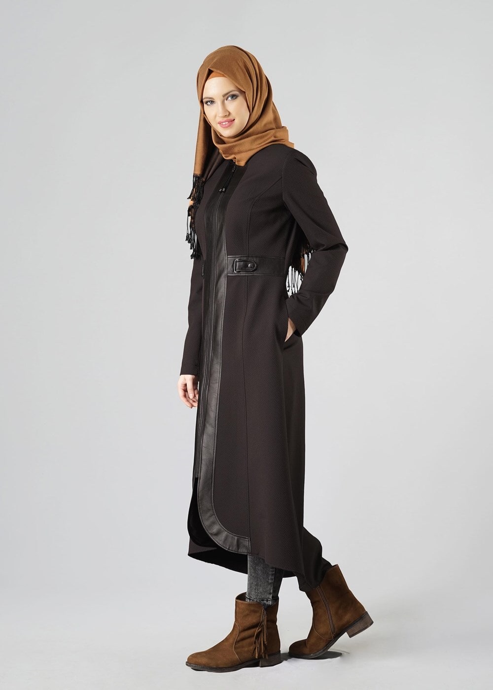 Tesettür giyim KAHVE DERİ DETAYLI FERMUARLI TRENÇKOT 1621