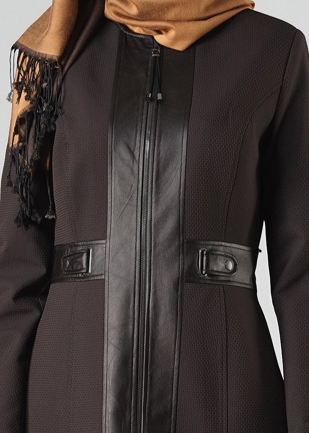 Tesettür giyim KAHVE DERİ DETAYLI FERMUARLI TRENÇKOT 1621