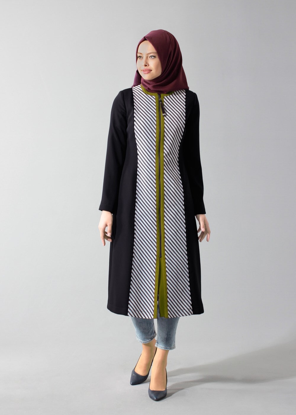Tesettür giyim SİYAH FERMUARLI ZİKZAK DESEN BİSİKLET YAKA TRENÇKOT 1624
