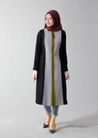 Tesettür giyim SİYAH FERMUARLI ZİKZAK DESEN BİSİKLET YAKA TRENÇKOT 1624