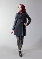 Tesettür giyim LACİVERT KEMERLİ KOLLARI DERİ TRENÇKOT 1661