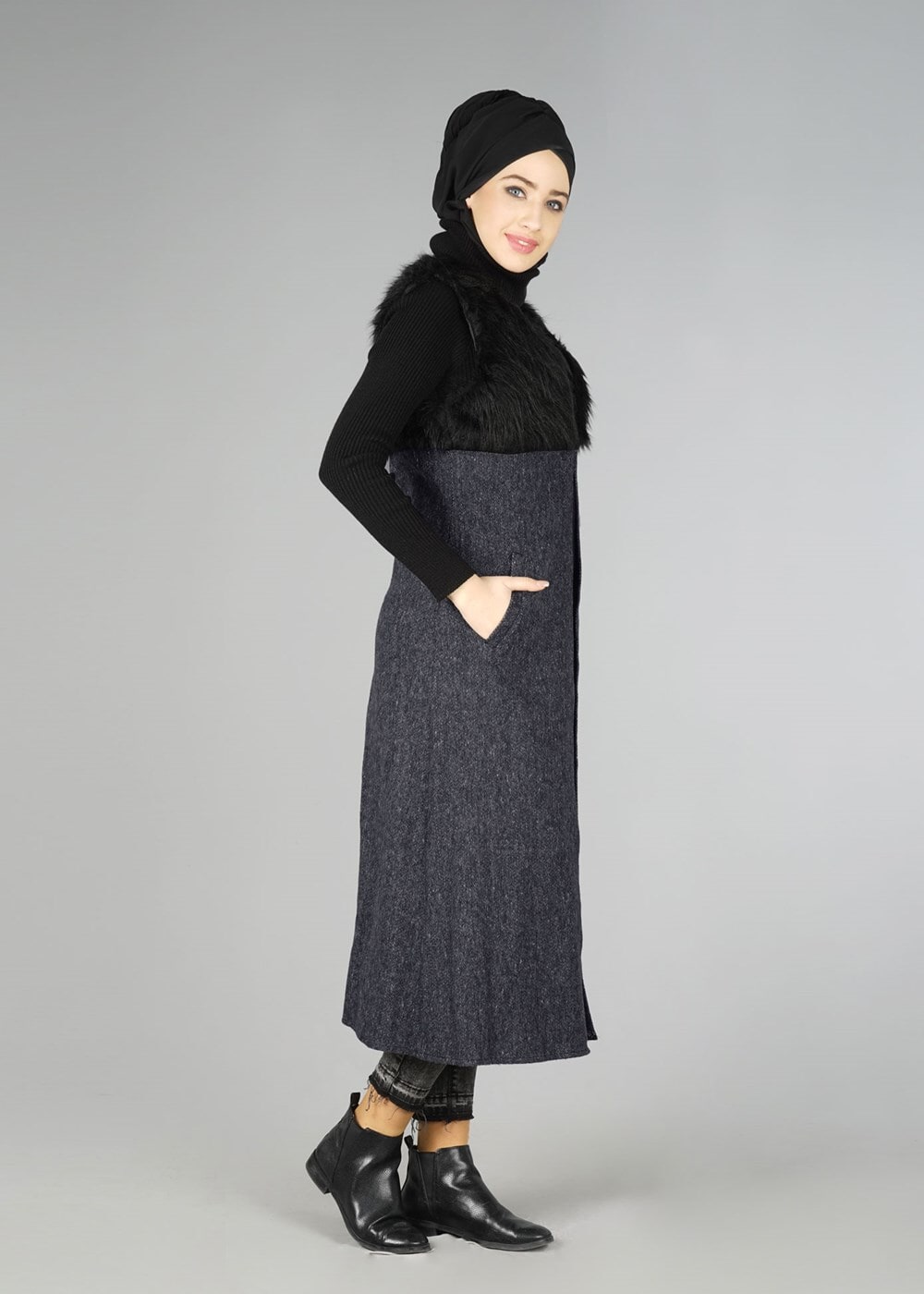 Tesettür giyim GRİ KÜRK DETAYLI YELEK 2248 