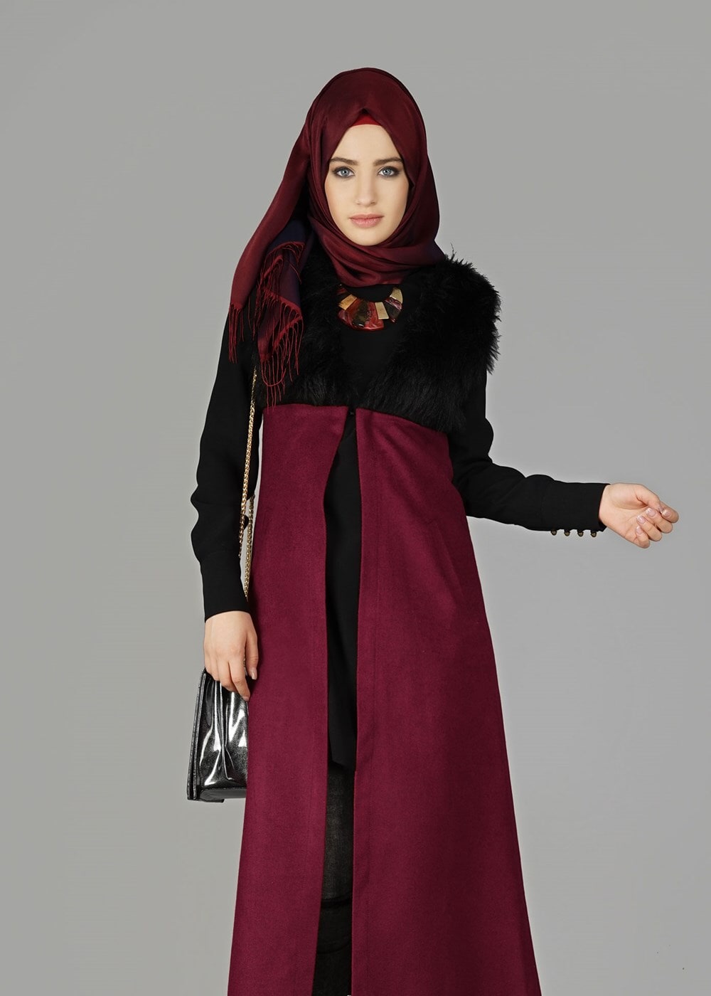Tesettür giyim BORDO KÜRK DETAYLI YELEK 2248 