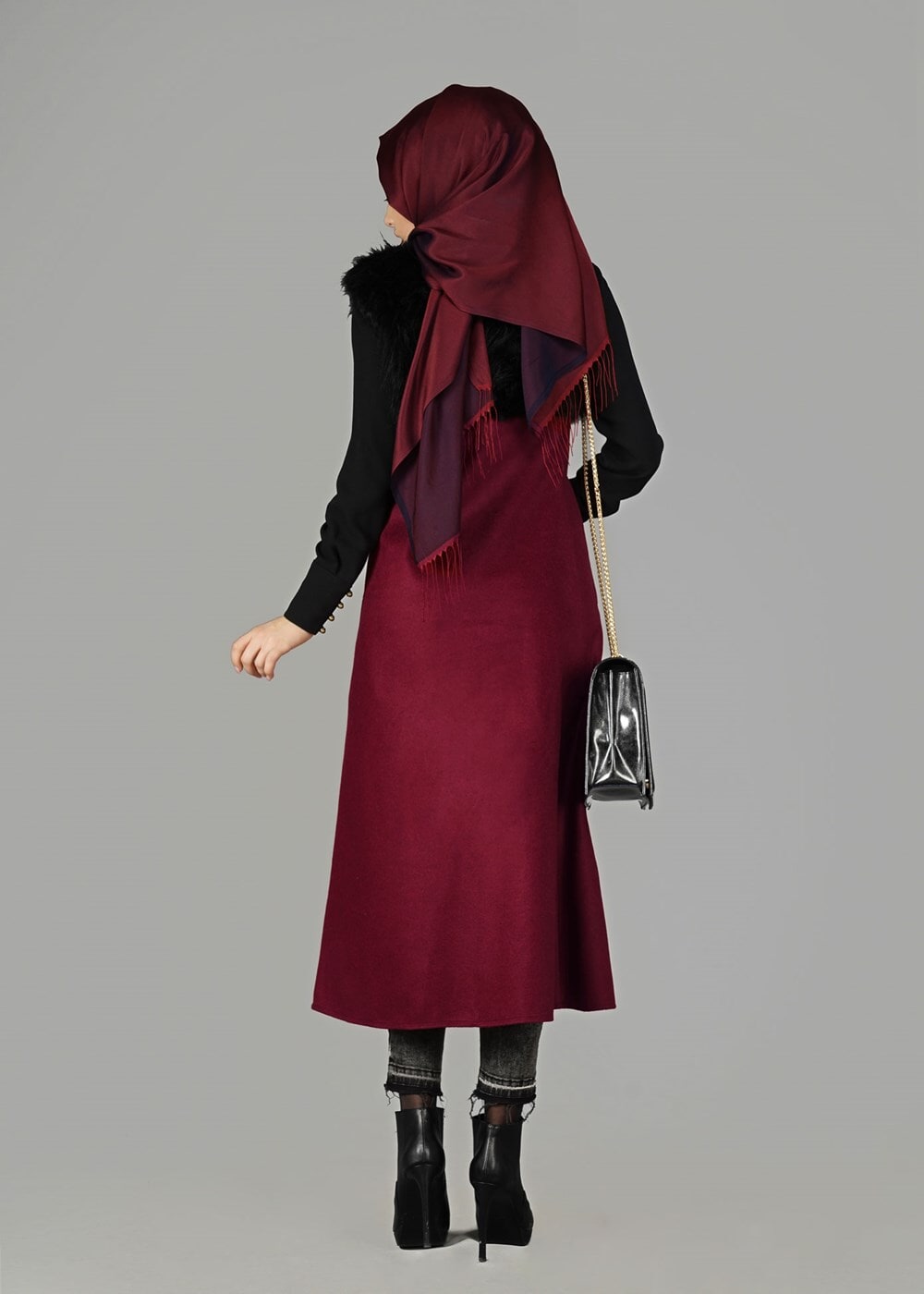 Tesettür giyim BORDO KÜRK DETAYLI YELEK 2248 