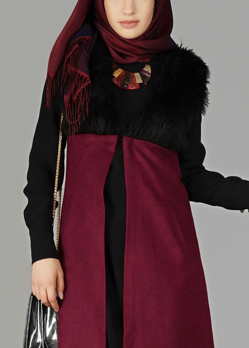 Tesettür giyim BORDO KÜRK DETAYLI YELEK 2248 