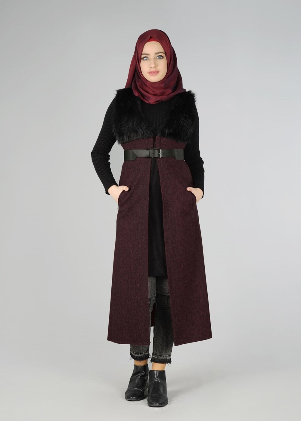 Tesettür giyim BORDO KÜRK DETAYLI YELEK 2248 