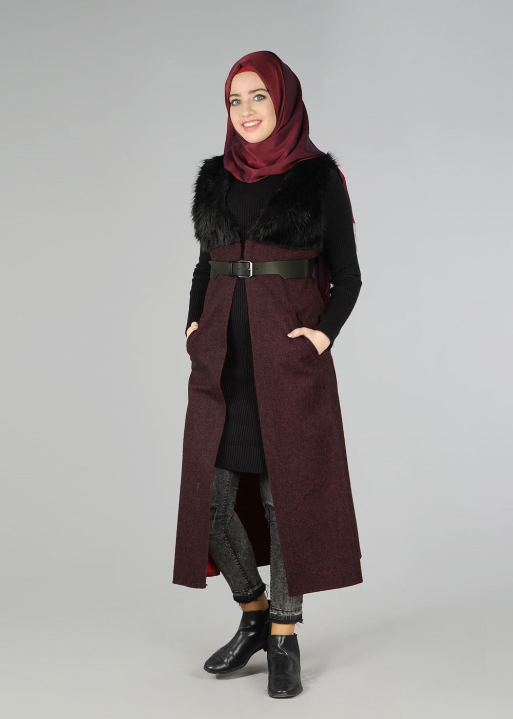 Tesettür giyim BORDO KÜRK DETAYLI YELEK 2248 