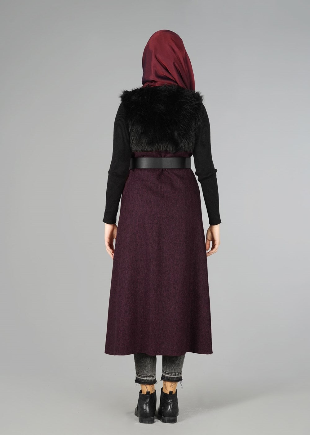 Tesettür giyim BORDO KÜRK DETAYLI YELEK 2248 