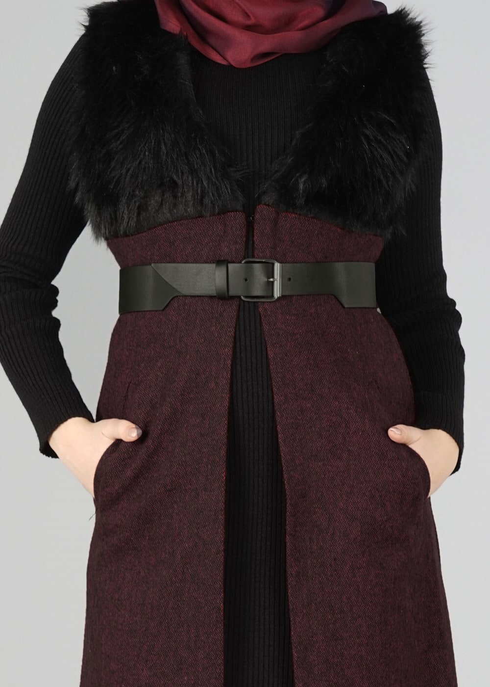 Tesettür giyim BORDO KÜRK DETAYLI YELEK 2248 