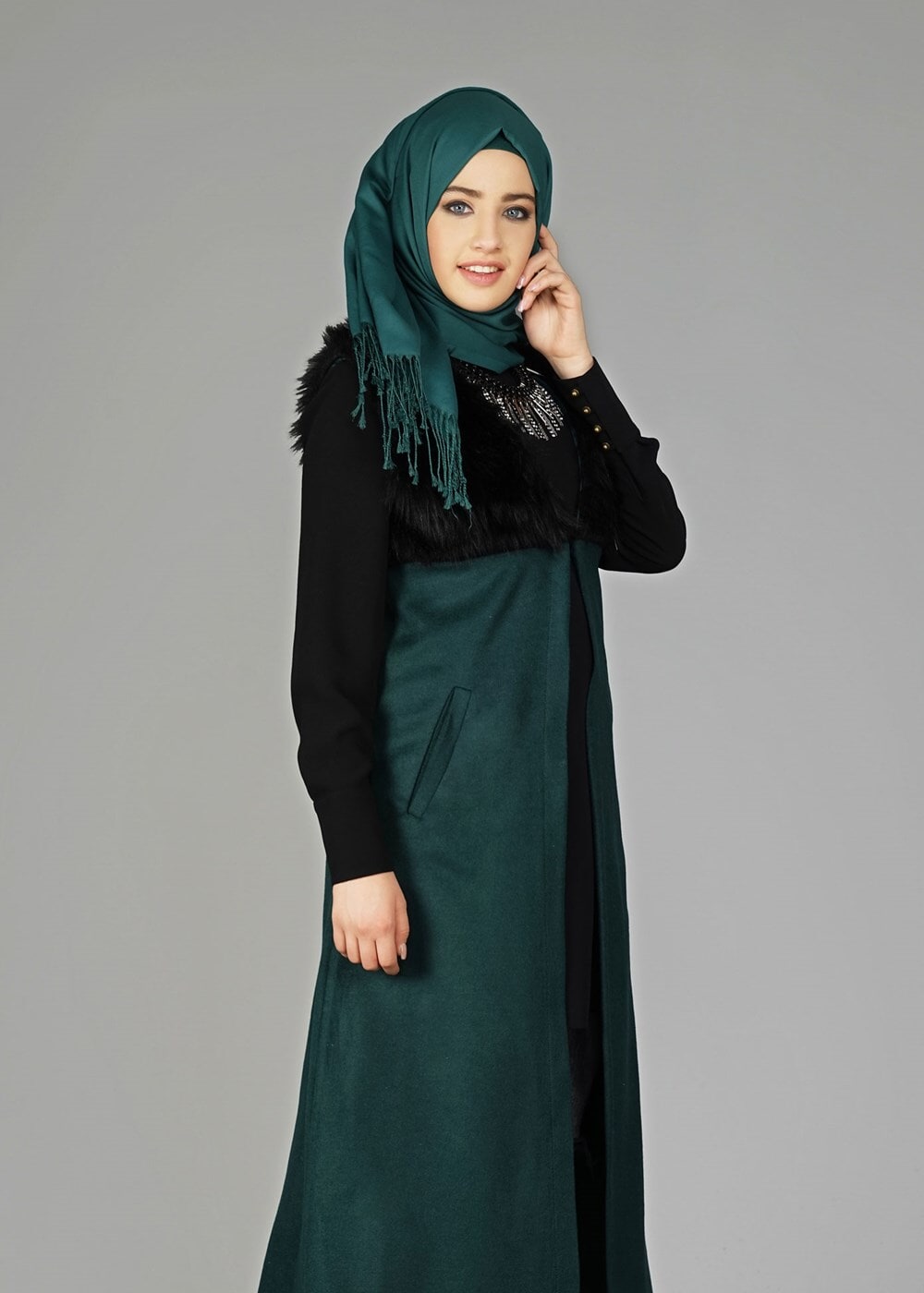 Tesettür giyim YEŞİL KÜRK DETAYLI YELEK 2248 