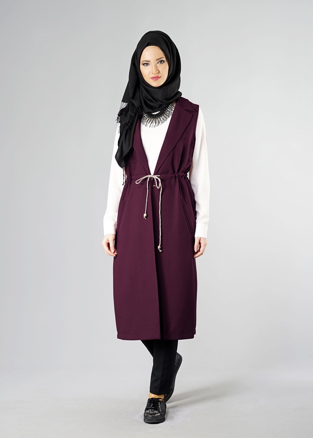 Tesettür giyim BORDO KRUVAZE YAKA YELEK 0394 