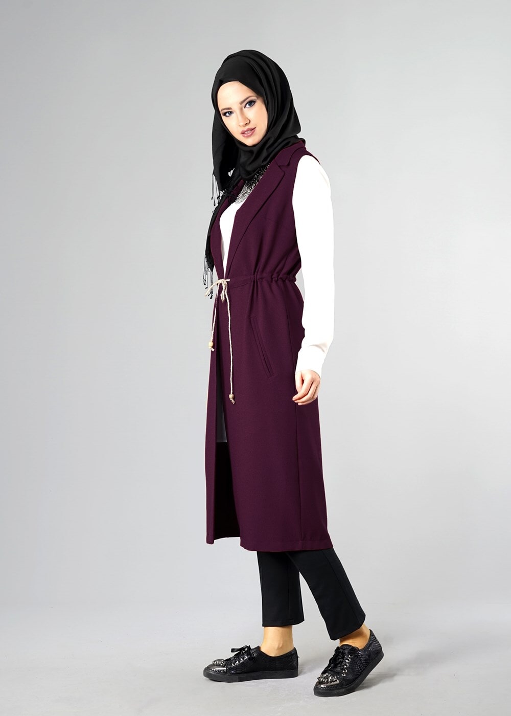 Tesettür giyim BORDO KRUVAZE YAKA YELEK 0394 
