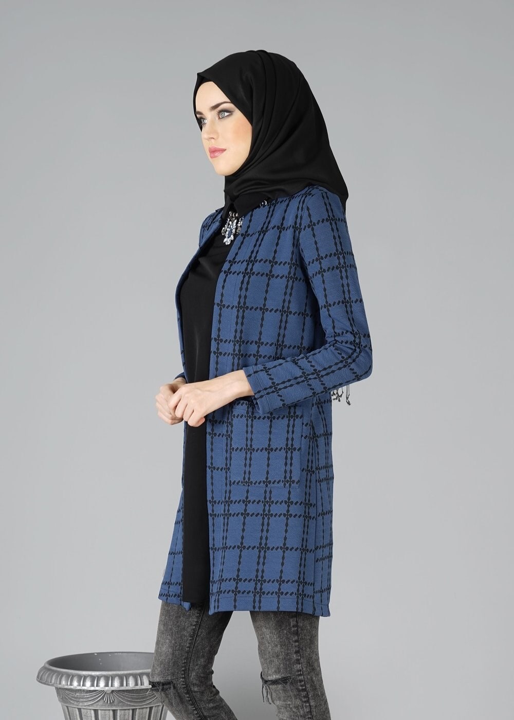 Hijab clothing NAVY BLUE CHECK KNIT CARDIGAN 9257 
