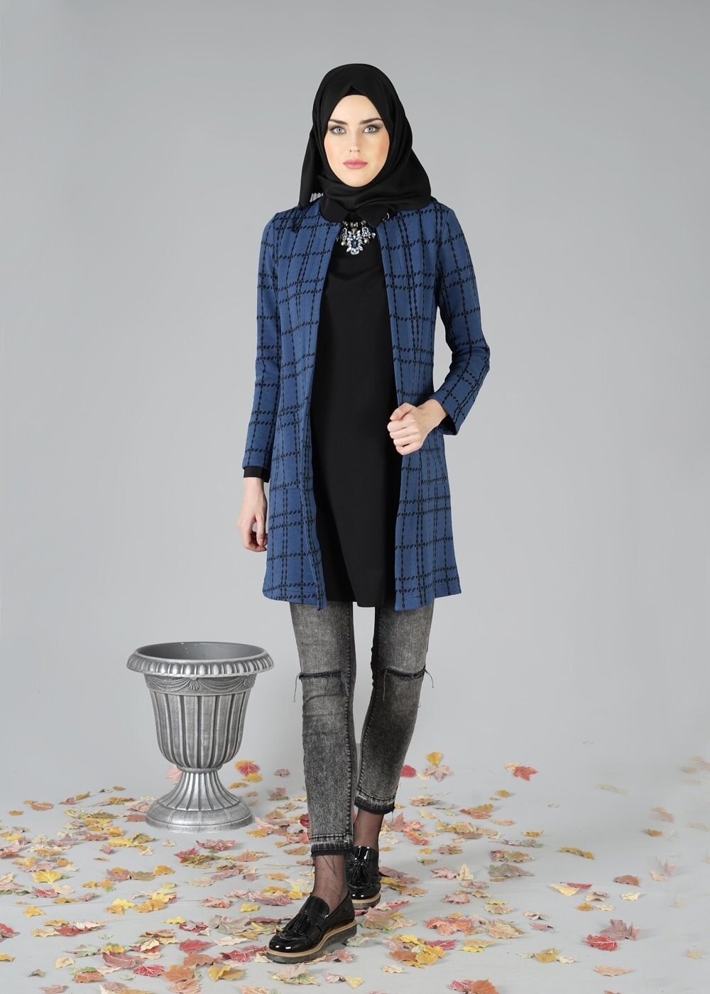 Hijab clothing NAVY BLUE CHECK KNIT CARDIGAN 9257 