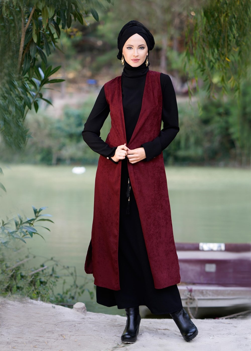 Vêtements hijab ROUGE BORDEAUX GILET EN DAIM À EMBELI 9528 
