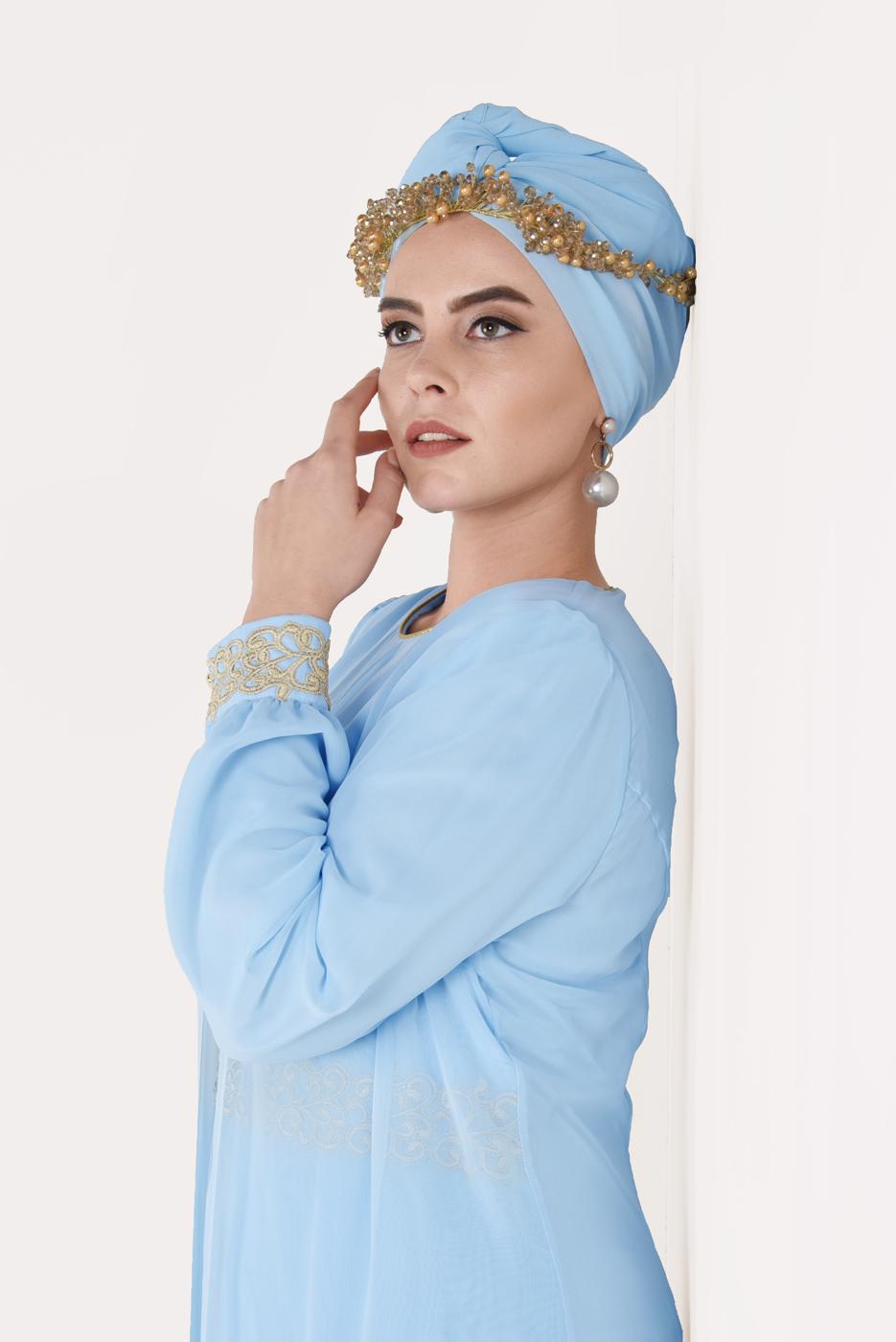 Tesettür giyim MAVİ NAKIŞ DETAYLI ABİYE ELBİSE T 12225-1